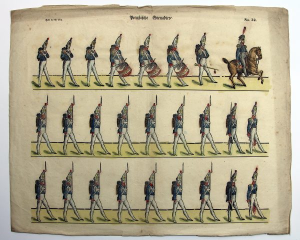 Petits soldats de papier - Feuille imagerie militaire - Ancienne gravure - Uniforme - Soldats Allemands - Grenadiers Prussiens
