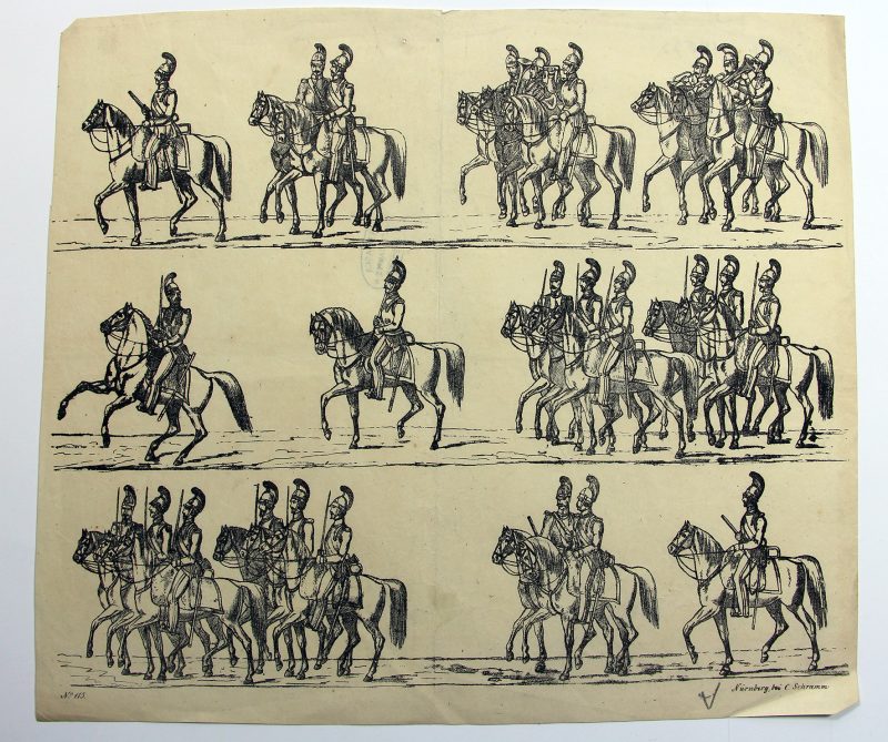Petits soldats de papier - Feuille imagerie militaire - Ancienne gravure - Uniforme - Soldats Allemands - Cuirassiers Bavarois