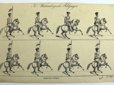 Petits soldats de papier - Feuille imagerie militaire - Ancienne gravure - Uniforme - Soldats Allemands - Wurtemberg Chasseurs à Cheval