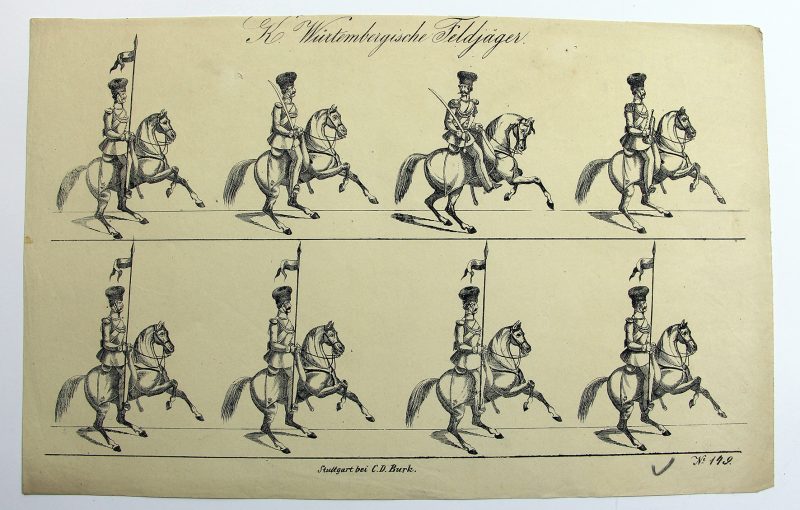 Petits soldats de papier - Feuille imagerie militaire - Ancienne gravure - Uniforme - Soldats Allemands - Wurtemberg Chasseurs à Cheval