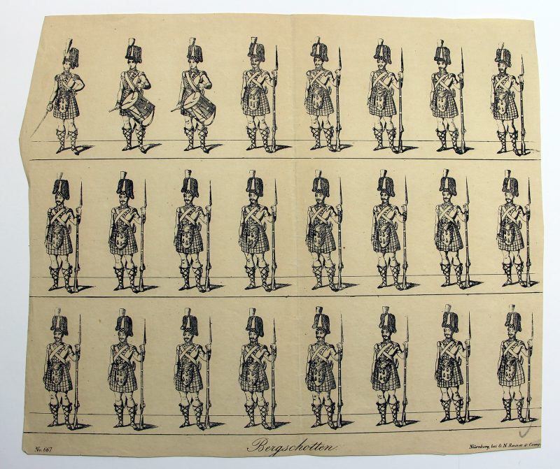 its soldats de papier - Feuille imagerie militaire - Ancienne gravure - Uniforme - Soldats Allemand - Ecossais Angleterre