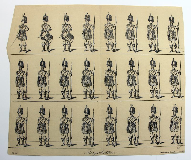 its soldats de papier - Feuille imagerie militaire - Ancienne gravure - Uniforme - Soldats Allemand - Ecossais Angleterre