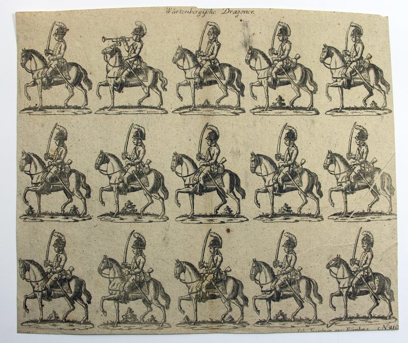 Petits soldats de papier - Feuille imagerie militaire - Ancienne gravure - Uniforme - Soldats Allemand - Wurtemberg dragons