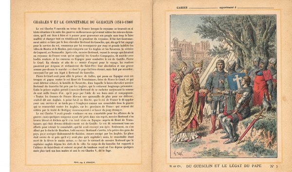 Petit Protège Cahier Scolaire Histoire de France - XIX illustration - Charles V et le Connétable du Guesclin - (1314-1380)