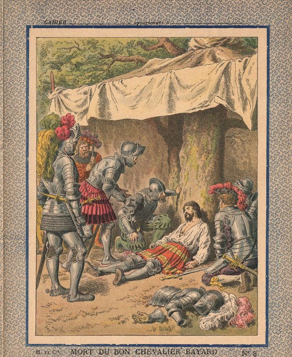 Petit Protège Cahier Scolaire Histoire de France - XIX illustration - Mort du bon chevalier Bayard - Sans peur et sans reproche