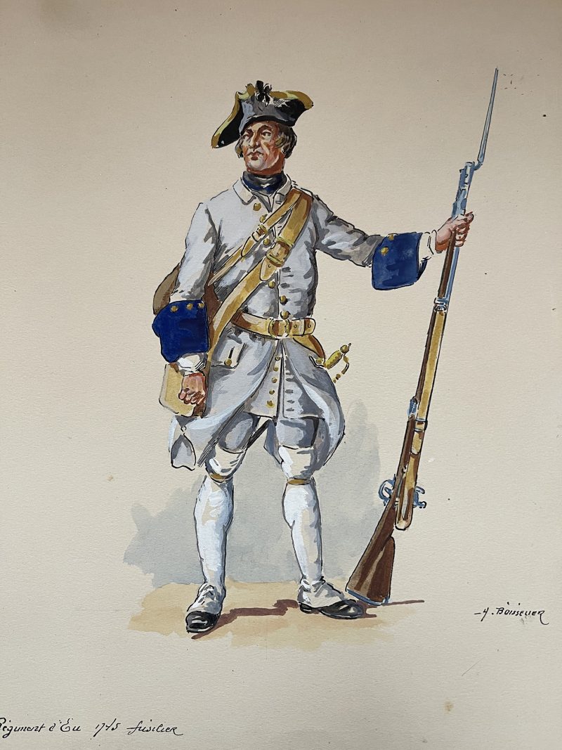 Peinture originale rehaussée - Fusilier du régiment D'Eu - Henry Boisselier - Gouache - Uniforme - 1745