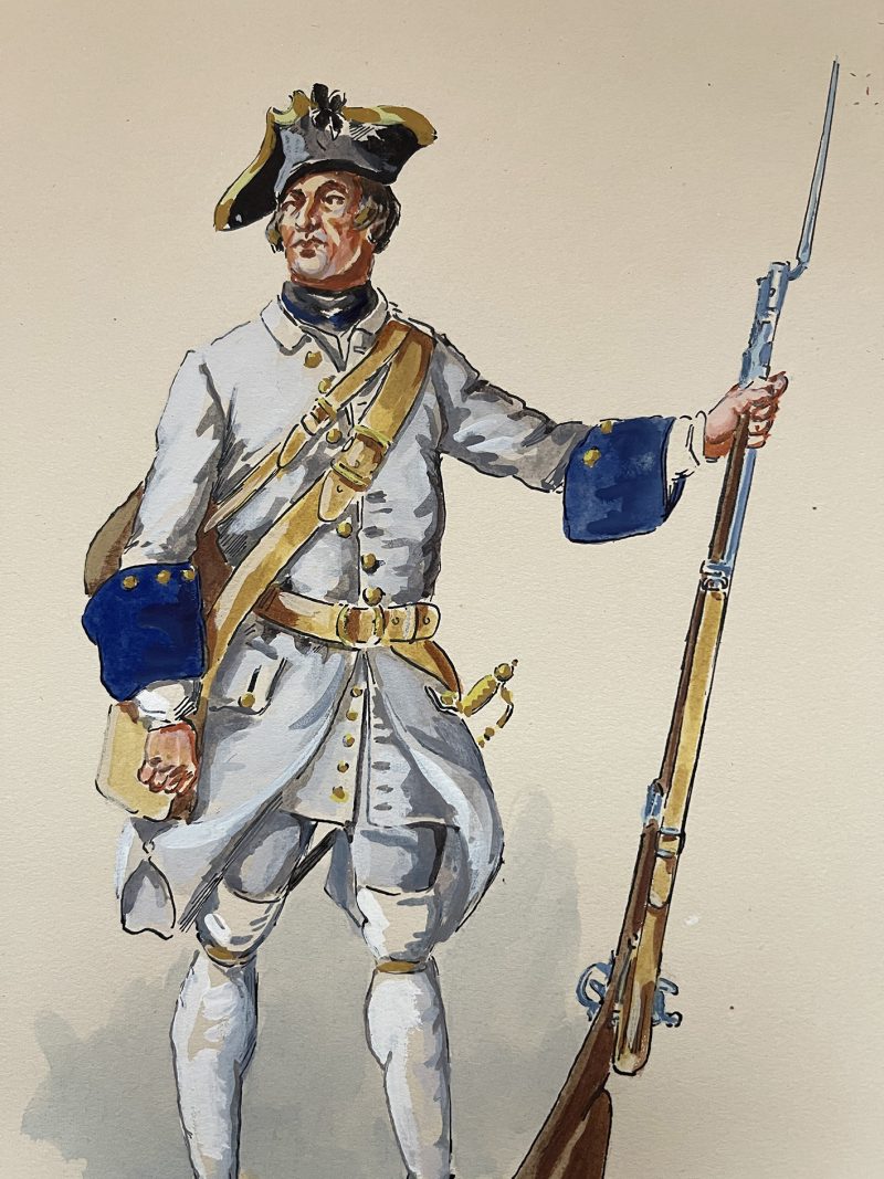 Peinture originale rehaussée - Fusilier du régiment D'Eu - Henry Boisselier - Gouache - Uniforme - 1745