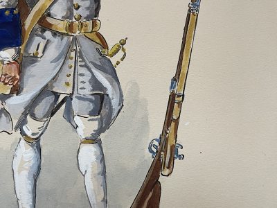 Peinture originale rehaussée - Fusilier du régiment D'Eu - Henry Boisselier - Gouache - Uniforme - 1745