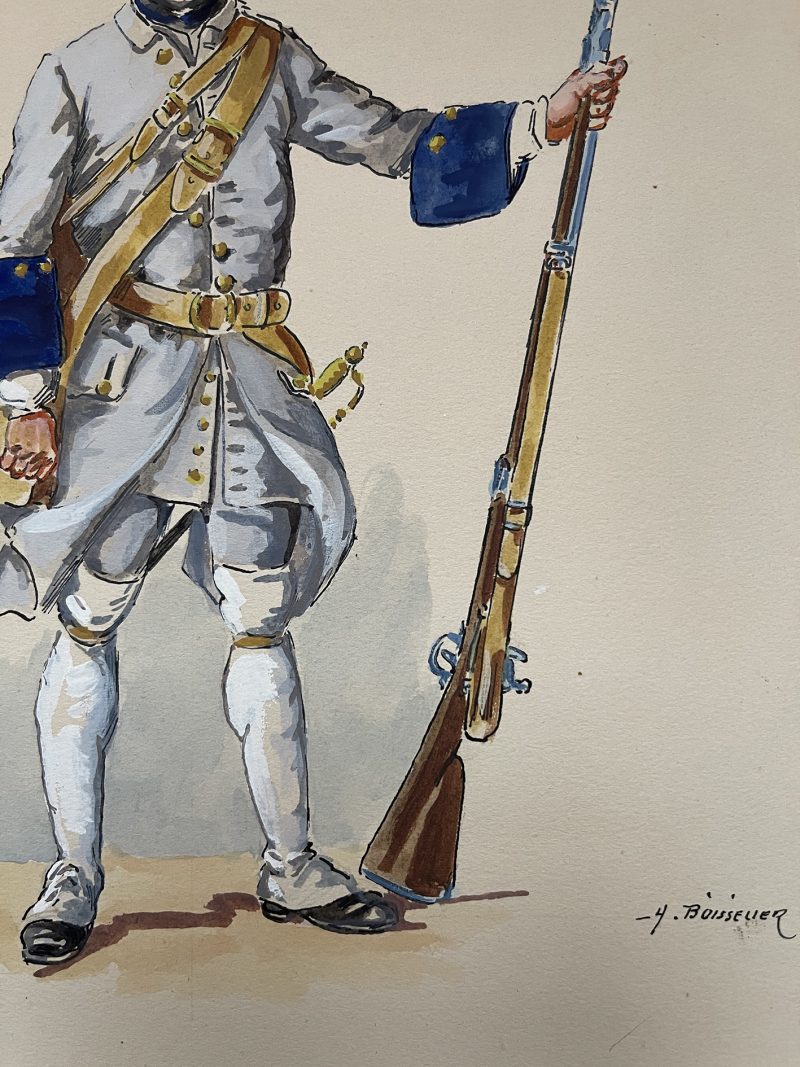 Peinture originale rehaussée - Fusilier du régiment D'Eu - Henry Boisselier - Gouache - Uniforme - 1745