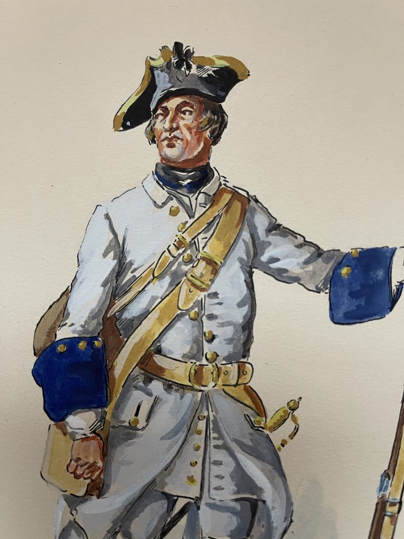 Peinture originale rehaussée - Fusilier du régiment D'Eu - Henry Boisselier - Gouache - Uniforme - 1745