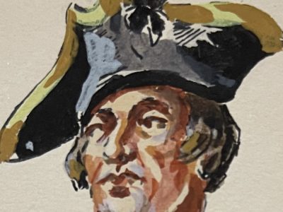 Peinture originale rehaussée - Fusilier du régiment D'Eu - Henry Boisselier - Gouache - Uniforme - 1745