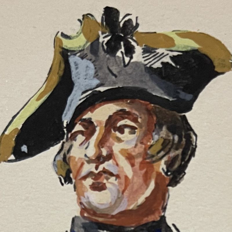 Peinture originale rehaussée - Fusilier du régiment D'Eu - Henry Boisselier - Gouache - Uniforme - 1745