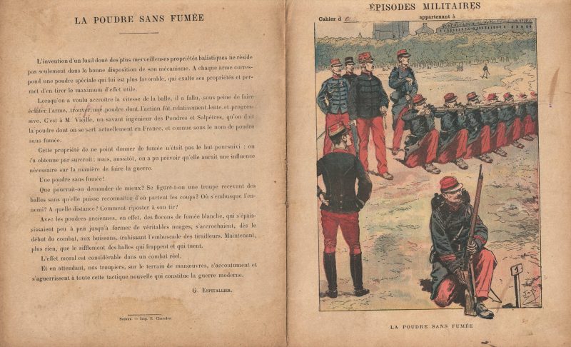 Petit Protège Cahier Scolaire Histoire de France - XIX illustration - Episodes Militaires - Illustration de JOB - La poudre sans fumée