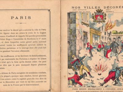 Petit Protège Cahier Scolaire Histoire de France - XIX illustration - Nos Villes Décorées - Guerre 1870/1871 - Défense héroïque de Paris