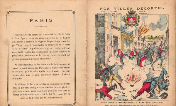 Petit Protège Cahier Scolaire Histoire de France - XIX illustration - Nos Villes Décorées - Guerre 1870/1871 - Défense héroïque de Paris
