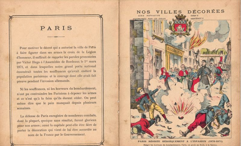 Petit Protège Cahier Scolaire Histoire de France - XIX illustration - Nos Villes Décorées - Guerre 1870/1871 - Défense héroïque de Paris