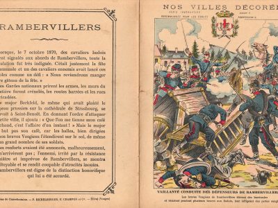 Petit Protège Cahier Scolaire Histoire de France - XIX illustration - Nos Villes Décorées - Guerre 1870/1871 - Défense héroïque de Rambervillers