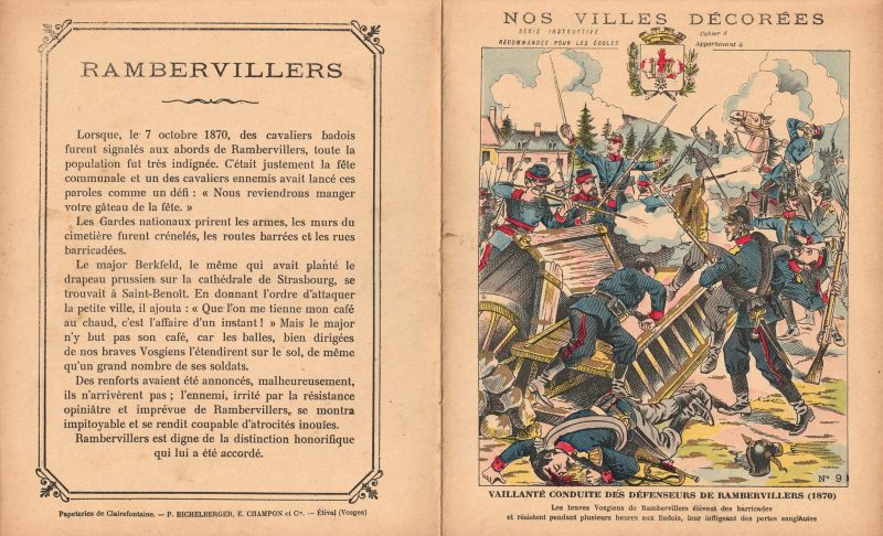 Petit Protège Cahier Scolaire Histoire de France - XIX illustration - Nos Villes Décorées - Guerre 1870/1871 - Défense héroïque de Rambervillers