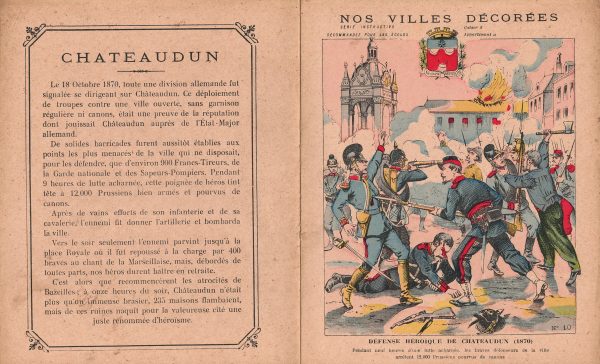 Petit Protège Cahier Scolaire Histoire de France - XIX illustration - Nos Villes Décorées - Guerre 1870/1871 - Défense héroïque de Châteaudun