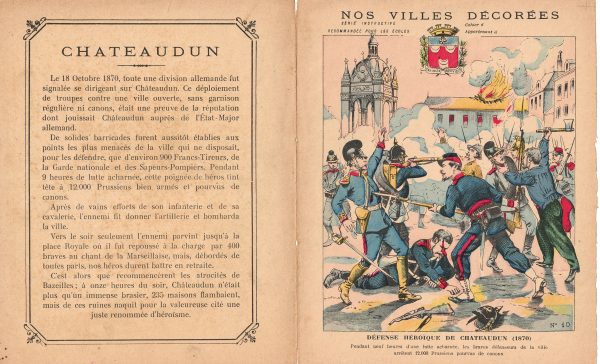 Petit Protège Cahier Scolaire Histoire de France - XIX illustration - Nos Villes Décorées - Guerre 1870/1871 - Défense héroïque de Châteaudun