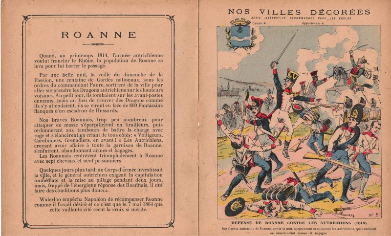 Petit Protège Cahier Scolaire Histoire de France - XIX illustration - Nos Villes Décorées - 1814 - Roanne contre les Autrichiens