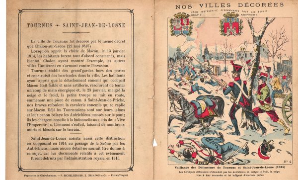 Petit Protège Cahier Scolaire Histoire de France - XIX illustration - Nos Villes Décorées - 1814 - Tournus et Saint Jean de Losne