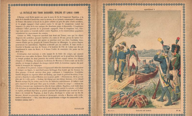 Petit Protège Cahier Scolaire Histoire de France - XIX illustration - Episodes Militaires - Illustration de Lix - Essling et Lobau