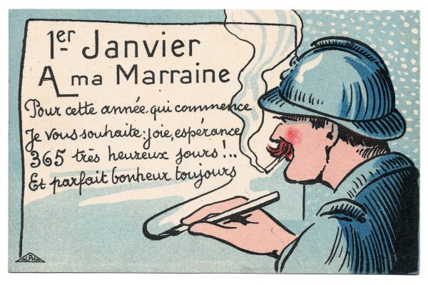 3 Cartes Postales Illustrées - Poilu - Marraine de Guerre- Guerre 14/18 - Casque à pointe - Uniforme - Bonne Année