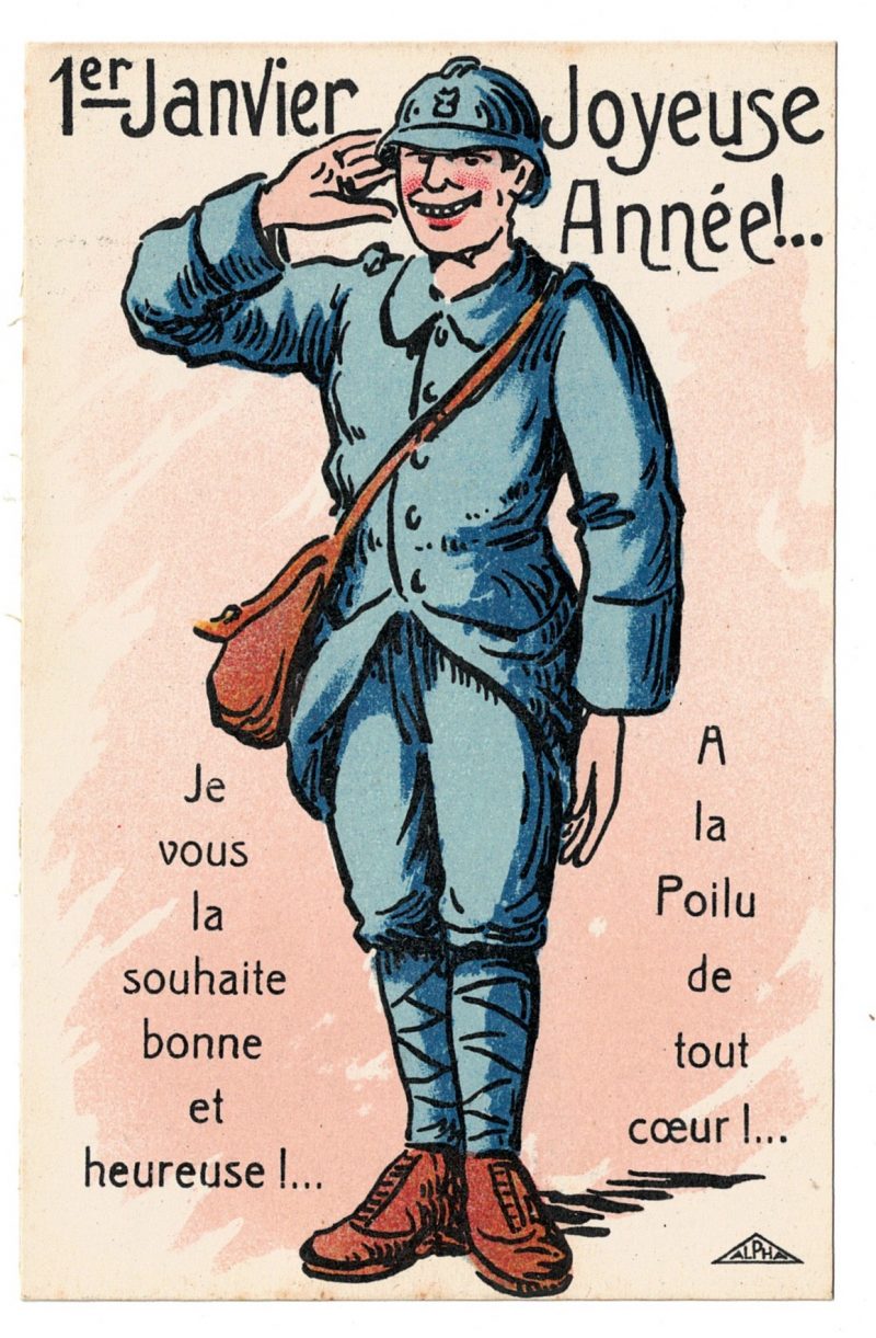 3 Cartes Postales Illustrées - Poilu - Marraine de Guerre- Guerre 14/18 - Casque à pointe - Uniforme - Bonne Année