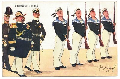 9 Anciennes Cartes Postale - Propagande 14/18 - Caricature - Guerriers - Soldats - Uniforme - Prusse - Manœuvre - Marine - Cavalerie - Casque a pointe