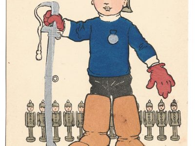 Ancienne Carte Postale - Propagande 14/18 - Prussienne - Caricature - Guerriers - Soldats - Uniforme - Enfant - Casque à pointe - Jouet militaire