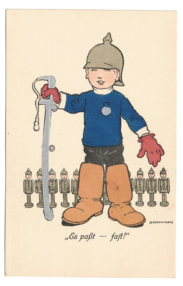 Ancienne Carte Postale - Propagande 14/18 - Prussienne - Caricature - Guerriers - Soldats - Uniforme - Enfant - Casque à pointe - Jouet militaire