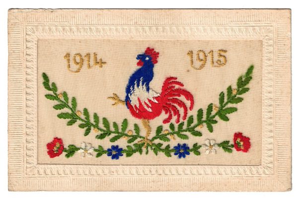 Carte Postale Brodée - Souvenir Guerre 14/18 - Poilus - Guerriers - Soldats - Uniforme - Souvenir de Guerre - Coq Français - 1914/1915