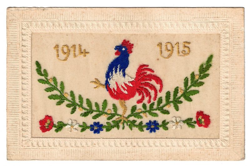 Carte Postale Brodée - Souvenir Guerre 14/18 - Poilus - Guerriers - Soldats - Uniforme - Souvenir de Guerre - Coq Français - 1914/1915