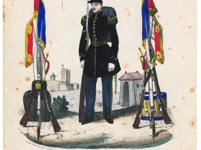 Papier à Lettre illustré - Infanterie Second Empire - Shako - Chasseur à Pied - Lithographie rehaussée - Napoléon III - Souvenir Militaire - Drapeau