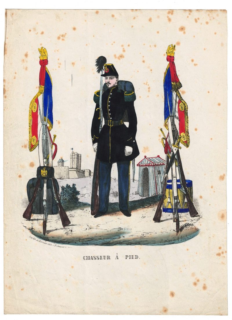 Papier à Lettre illustré - Infanterie Second Empire - Shako - Chasseur à Pied - Lithographie rehaussée - Napoléon III - Souvenir Militaire - Drapeau
