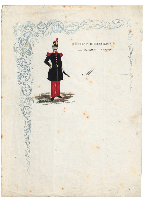 Papier à Lettre illustré - Infanterie Second Empire - Shako - Grenadier Compagnie - Lithographie rehaussée - Napoléon III - Souvenir Militaire