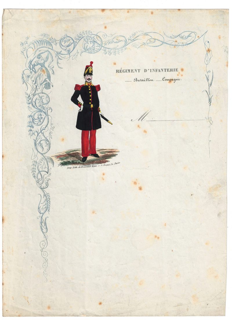 Papier à Lettre illustré - Infanterie Second Empire - Shako - Grenadier Compagnie - Lithographie rehaussée - Napoléon III - Souvenir Militaire