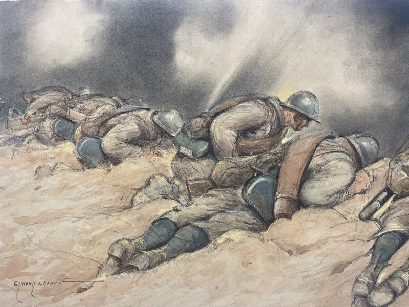 Dessin original rehaussé - Edmond Lajoux - Chasseur Soldat - Uniforme - Armée Française - Guerre 14/18 - La Rafale