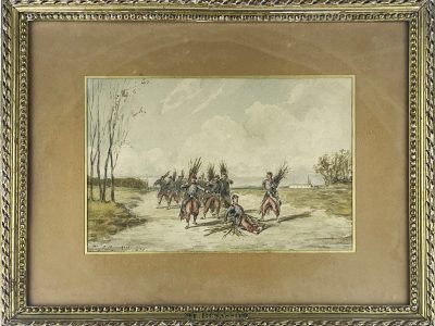 Dessin original rehaussé - Louis Emile BENASSIT - Campement 1871 - Guerre de 1870 - Aux fagots de bois