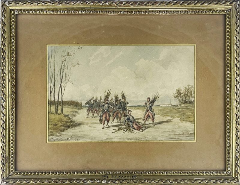 Dessin original rehaussé - Louis Emile BENASSIT - Campement 1871 - Guerre de 1870 - Aux fagots de bois