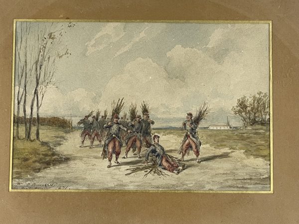 Dessin original rehaussé - Louis Emile BENASSIT - Campement 1871 - Guerre de 1870 - Aux fagots de bois