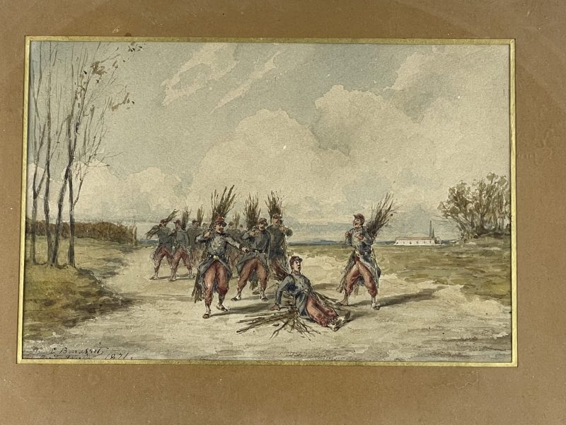 Dessin original rehaussé - Louis Emile BENASSIT - Campement 1871 - Guerre de 1870 - Aux fagots de bois