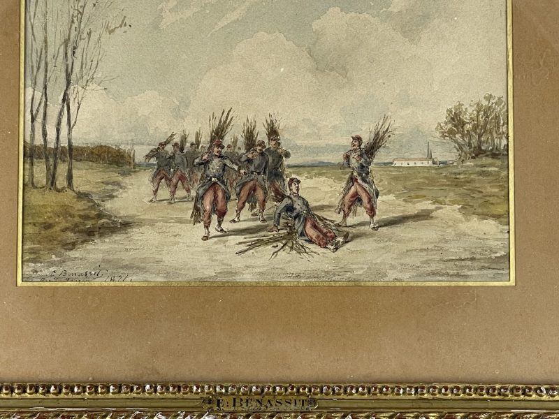 Dessin original rehaussé - Louis Emile BENASSIT - Campement 1871 - Guerre de 1870 - Aux fagots de bois