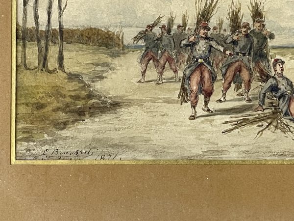 Dessin original rehaussé - Louis Emile BENASSIT - Campement 1871 - Guerre de 1870 - Aux fagots de bois
