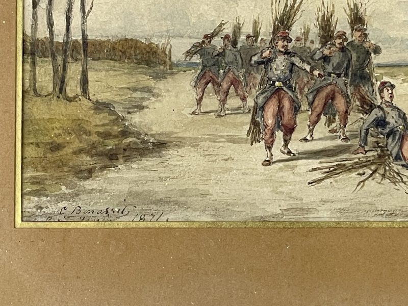Dessin original rehaussé - Louis Emile BENASSIT - Campement 1871 - Guerre de 1870 - Aux fagots de bois