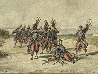 Dessin original rehaussé - Louis Emile BENASSIT - Campement 1871 - Guerre de 1870 - Aux fagots de bois