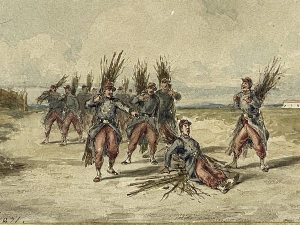 Dessin original rehaussé - Louis Emile BENASSIT - Campement 1871 - Guerre de 1870 - Aux fagots de bois