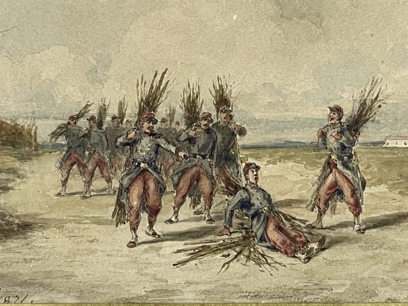 Dessin original rehaussé - Louis Emile BENASSIT - Campement 1871 - Guerre de 1870 - Aux fagots de bois