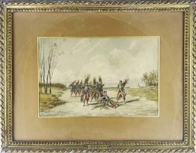 Dessin original rehaussé - Louis Emile BENASSIT - Campement 1871 - Guerre de 1870 - Aux fagots de bois